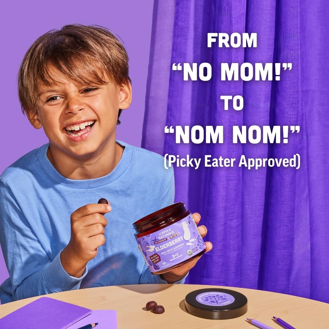 Organic Vegan Kids Gummy Vitamins with Elderberry & Real Fruit | No Sugar Added | Whole Food Multivitamin for Toddler Support