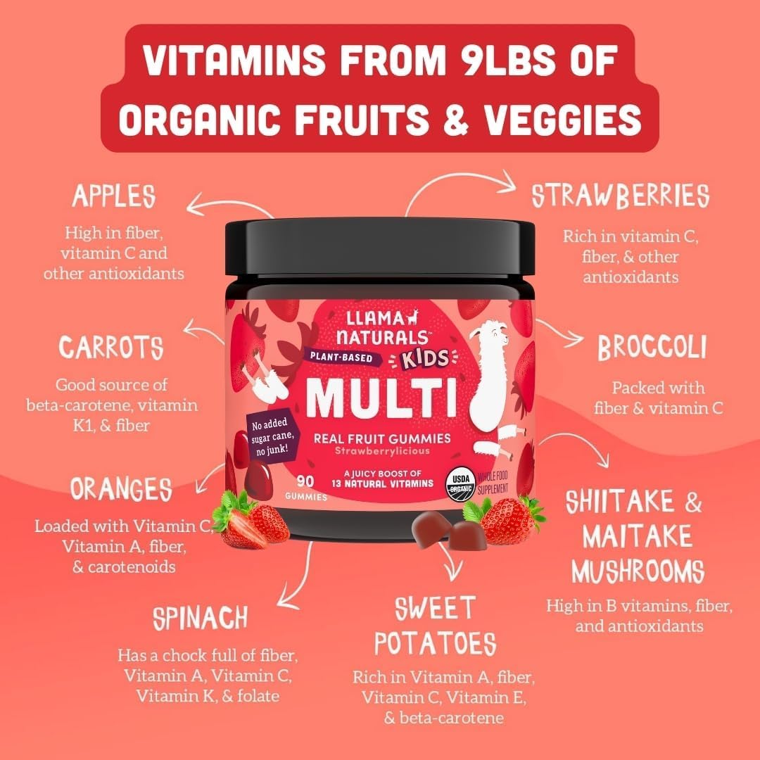 Organic Vegan Kids Gummy Vitamins with Elderberry & Real Fruit | No Sugar Added | Whole Food Multivitamin for Toddler Support