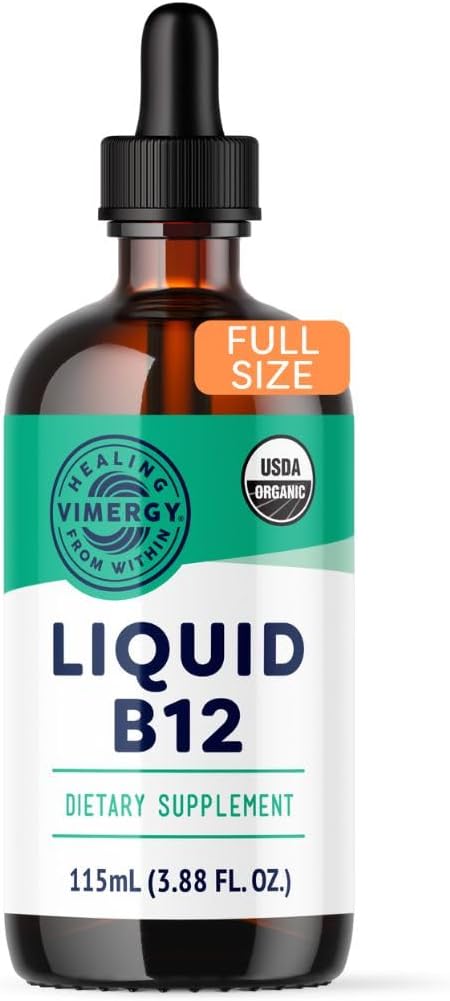Organic Vegan Liquid B12 Supplement for Brain and Energy Support - Fast Absorbing - USDA Certified - 115 Servings
