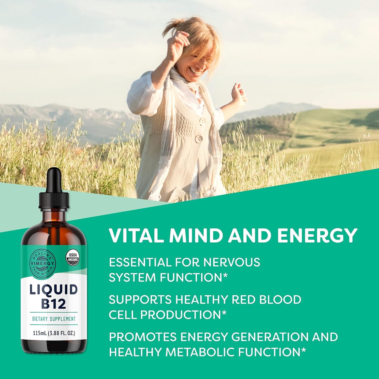 Organic Vegan Liquid B12 Supplement for Brain and Energy Support - Fast Absorbing - USDA Certified - 115 Servings