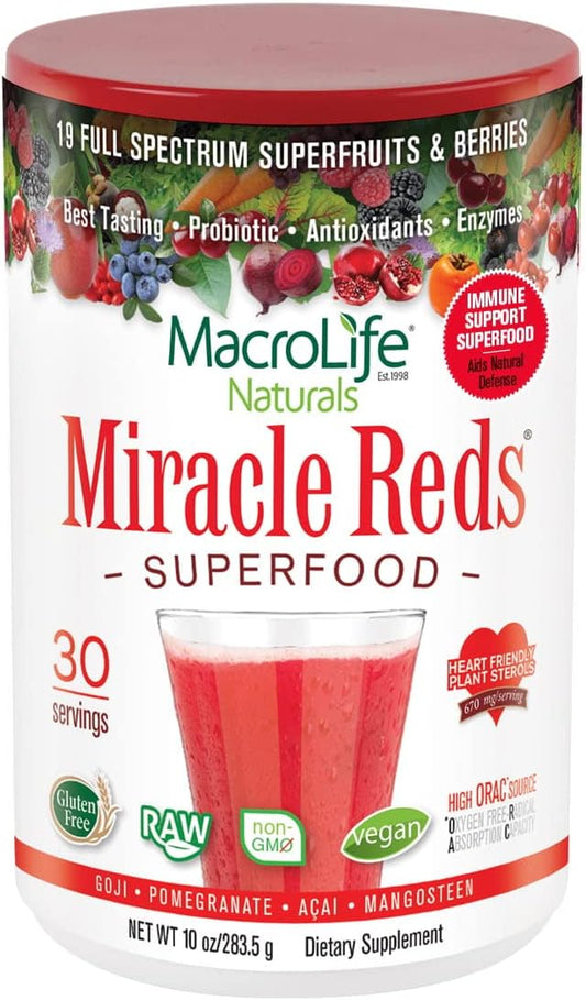 Organic Vegan Miracle Reds Superfood Supplement Powder - Antioxidants Enzymes Probiotics - Non-GMO Gluten & Dairy Free (30 Servings)