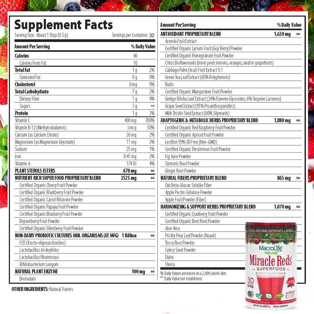 Organic Vegan Miracle Reds Superfood Supplement Powder - Antioxidants Enzymes Probiotics - Non-GMO Gluten & Dairy Free (30 Servings)
