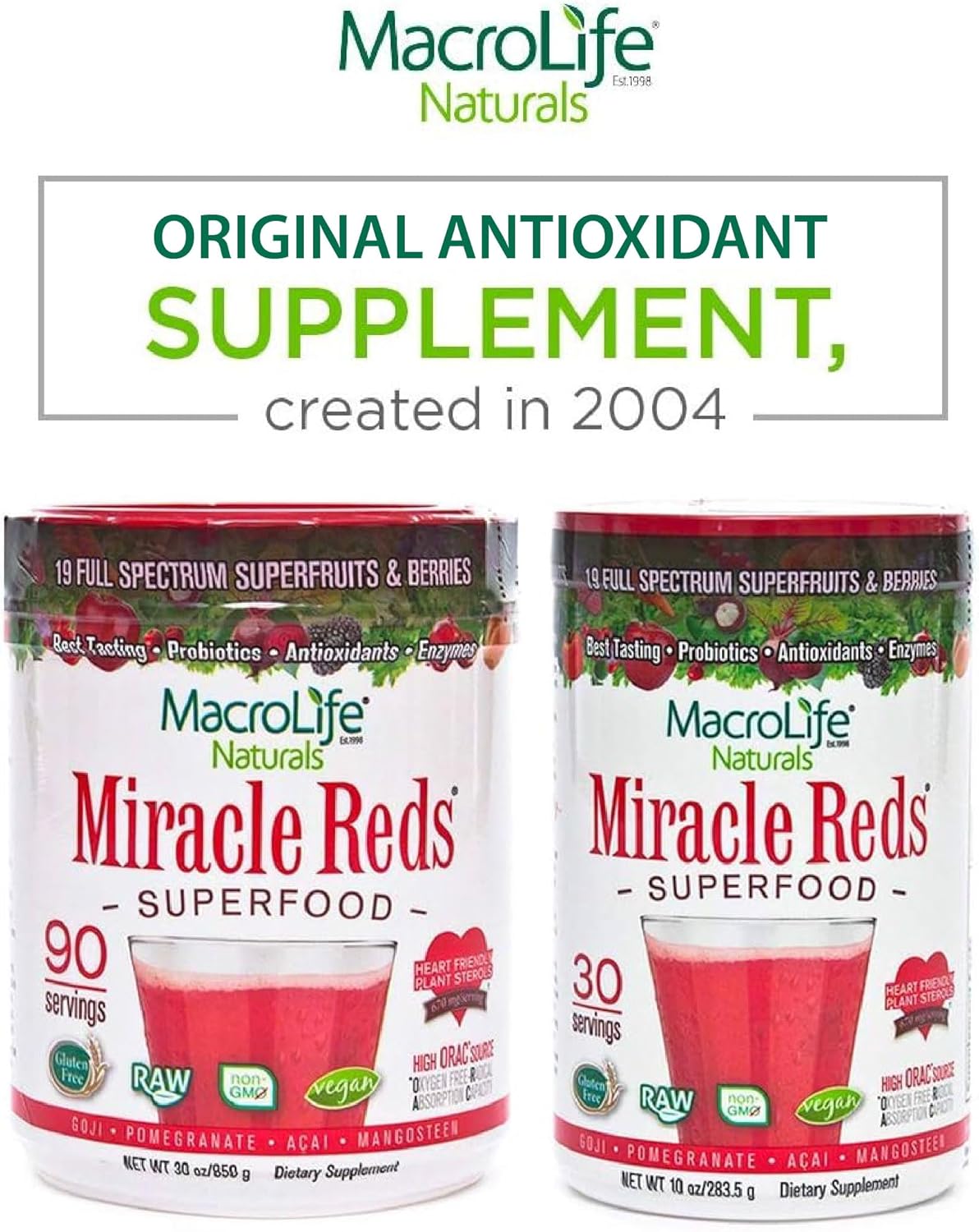Organic Vegan Miracle Reds Superfood Supplement Powder - Antioxidants Enzymes Probiotics - Non-GMO Gluten & Dairy Free (30 Servings)