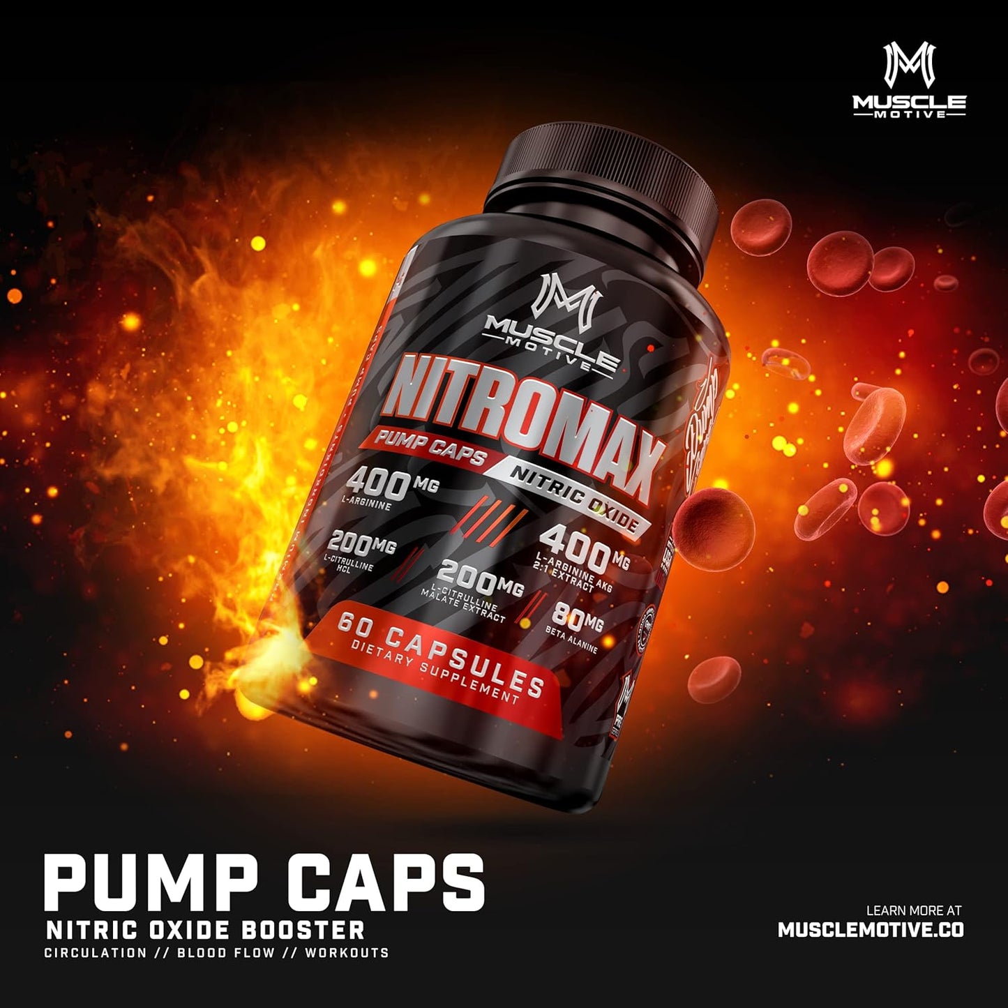 Organic Vegan Nitric Oxide Booster for Muscle Growth, Energy, and Vascularity - Pre-Workout Supplement with L-Arginine, L-Citrulline, Beta Alanine - 60 Capsules