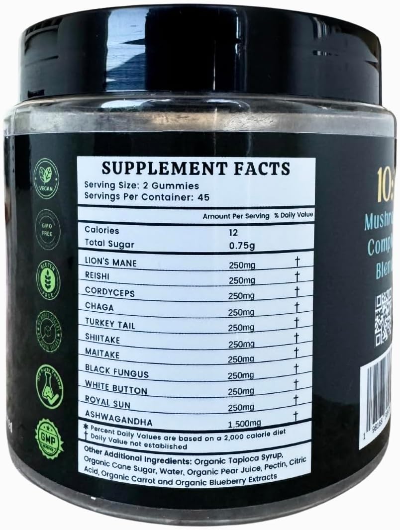 Organic Vegan Nootropic Mushroom Gummies with Lion's Mane & Ashwagandha - Brain Focus, Energy, Mood, Stamina - 10 Mushroom Blend - 90 Count