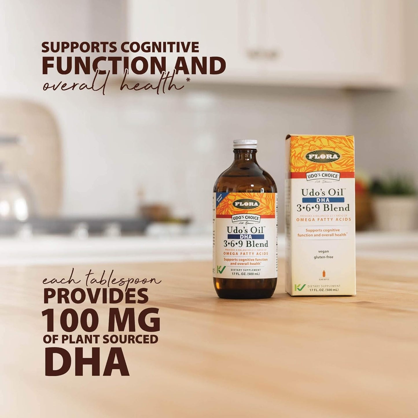 Organic Vegan Omega 3-6-9 Oil with DHA Supplement - Flora Udo's 17 Fl Oz - Cognitive & Eye Health Support