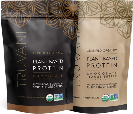 Organic Vegan Plant Based Protein Powder Bundle - Non-GMO, Dairy & Soy Free - 2 Packs (Chocolate & Chocolate Peanut Butter)