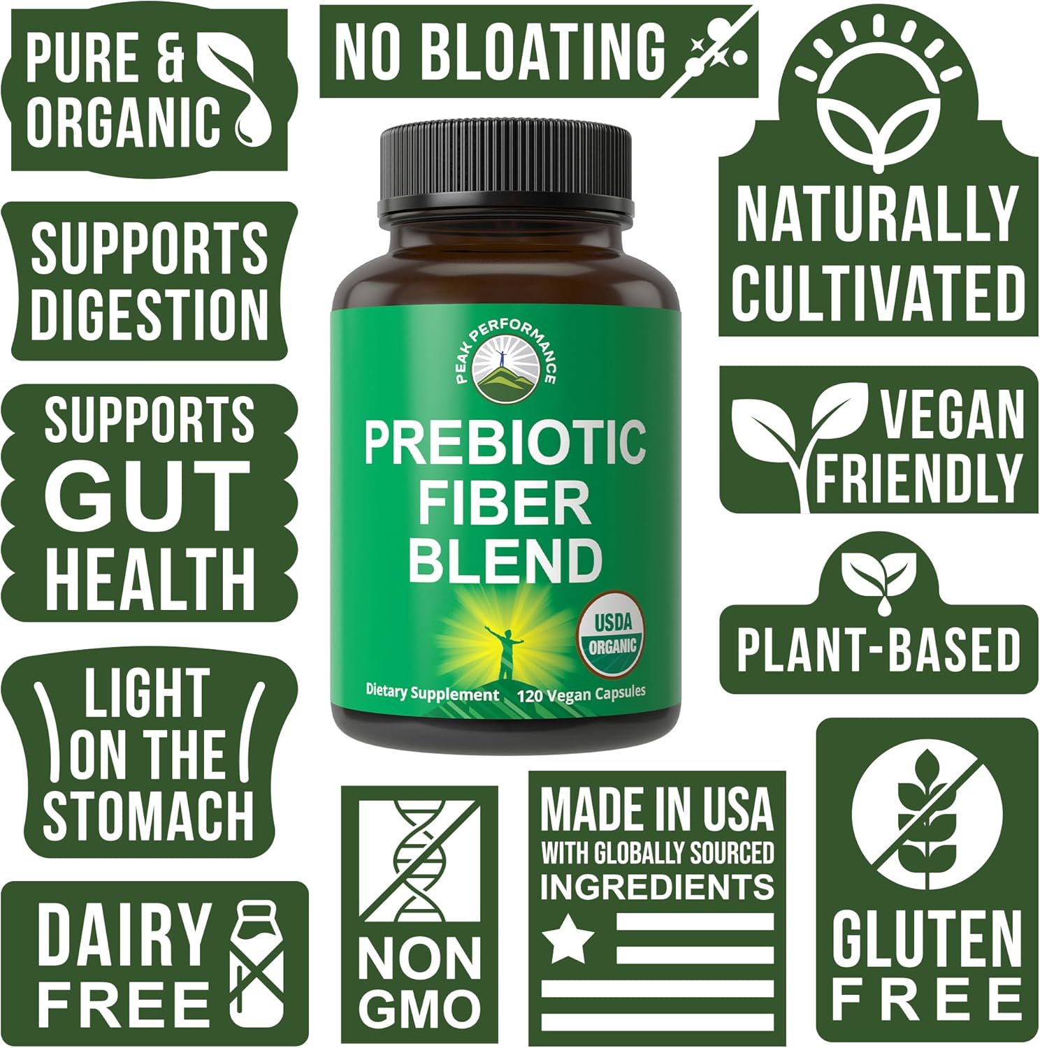 Organic Vegan Prebiotic Fiber Capsules for Gut and Digestive Health - USDA Certified, Raw Whole Food Supplement with Inulin, Acacia Fibers, SunFiber - Plant Based 3-in-1 Formula