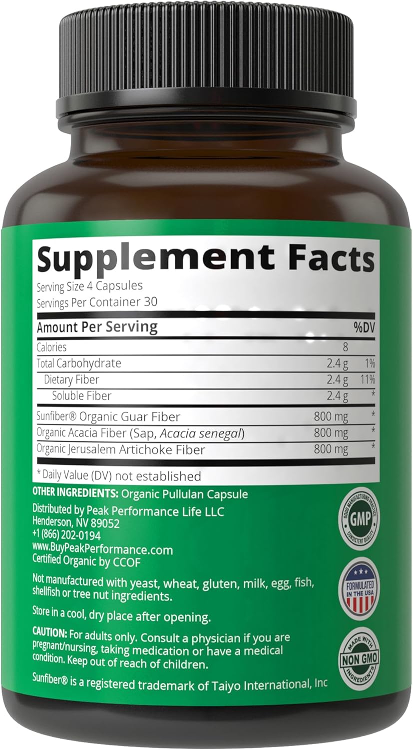 Organic Vegan Prebiotic Fiber Capsules for Gut and Digestive Health - USDA Certified, Raw Whole Food Supplement with Inulin, Acacia Fibers, SunFiber - Plant Based 3-in-1 Formula