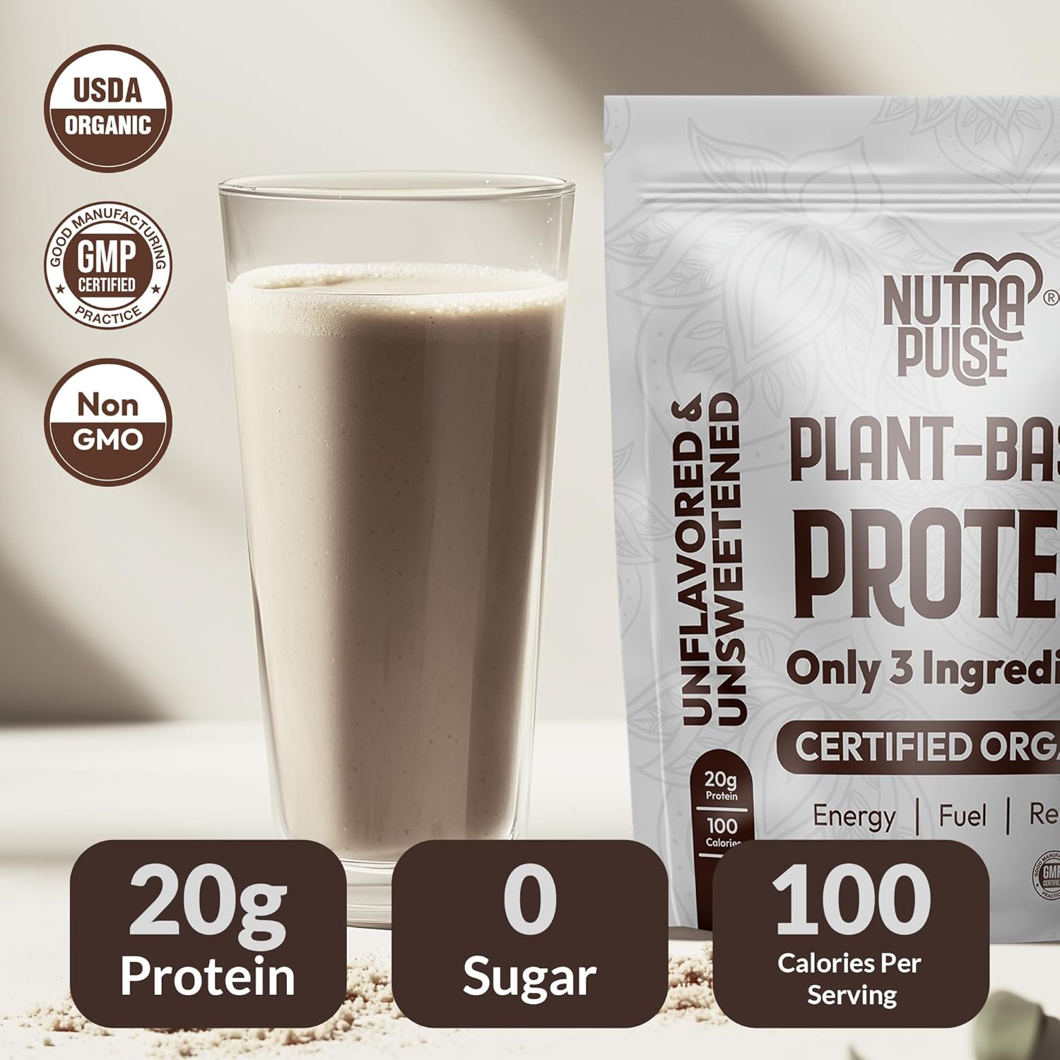 Organic Vegan Protein Powder - Plant-Based, Gluten-Free, 20g Protein Per Serving, Ideal for Smoothies & Shakes - 1 Pack, 20 Servings
