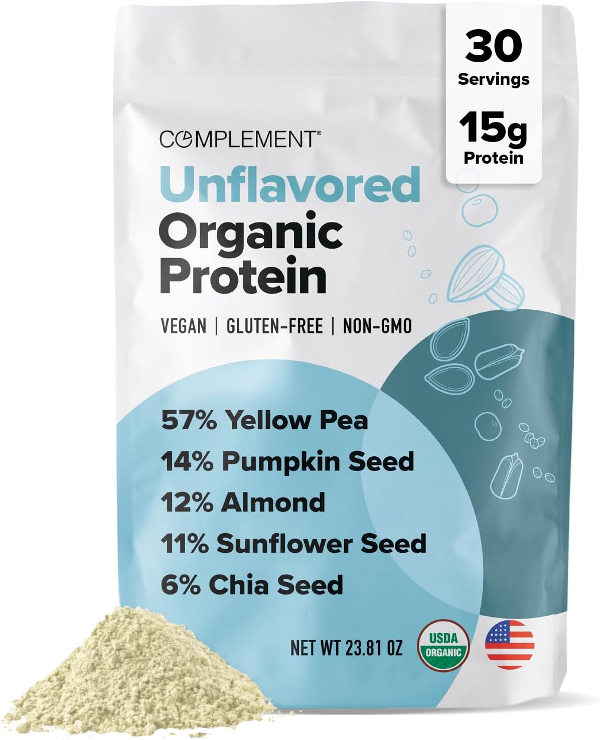 Organic Vegan Protein Powder - Unflavored, Low Carb, Low Calorie, Sugar Free - 30 Servings - Yellow Pea & Pumpkin Seed - 15g Plant Protein - Non-GMO, Gluten & Soy Free