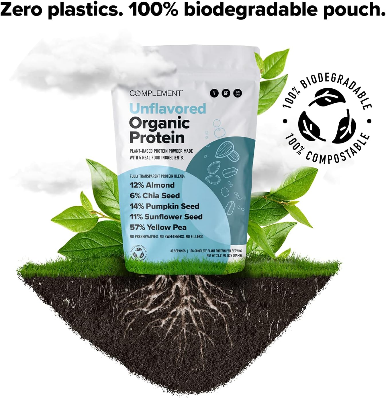 Organic Vegan Protein Powder - Unflavored, Low Carb, Low Calorie, Sugar Free - 30 Servings - Yellow Pea & Pumpkin Seed - 15g Plant Protein - Non-GMO, Gluten & Soy Free