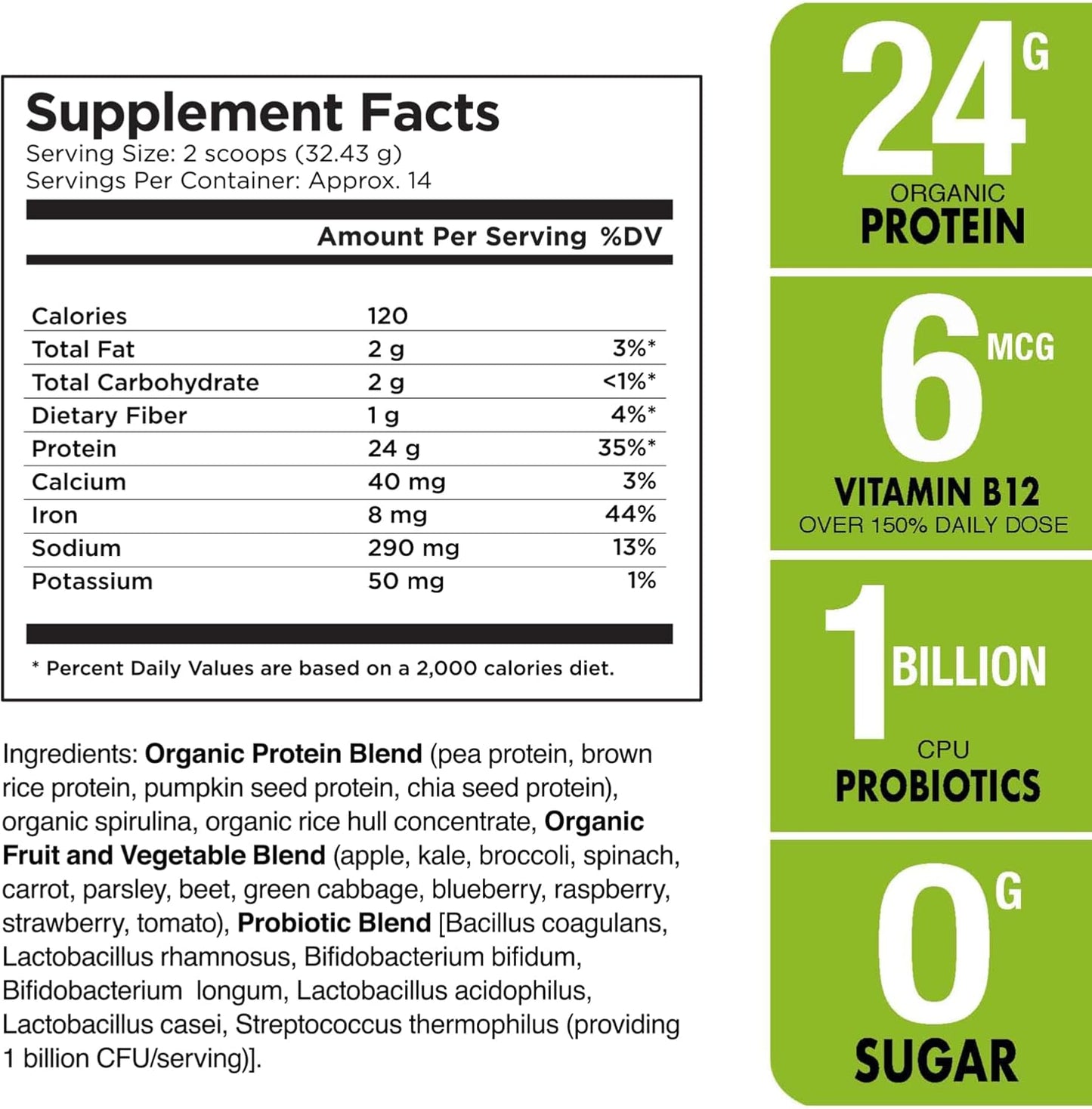Organic Vegan Protein Powder with 15 Superfoods, Veggies, and Probiotics - Plant-Based Protein Powder with BCAAs - Gluten-Free - 16oz (2 Pack)