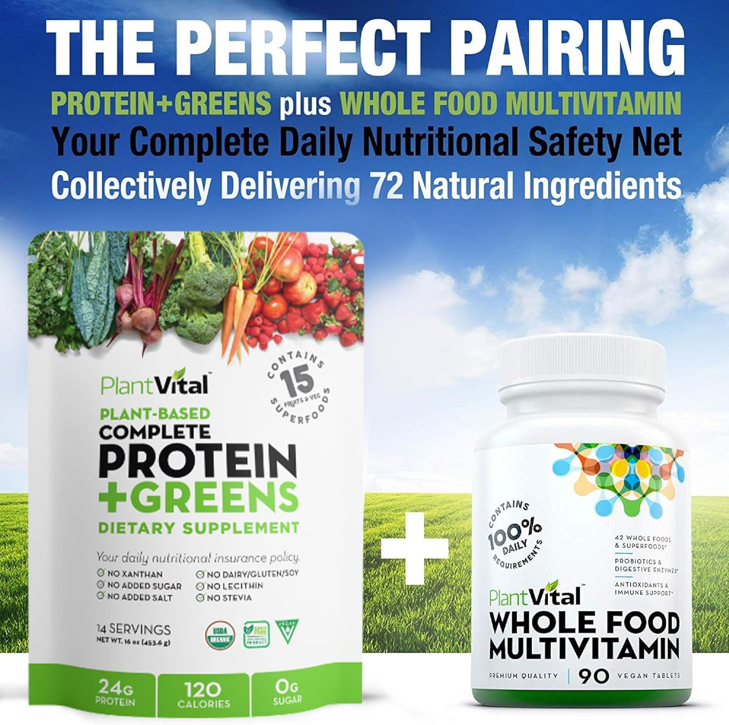 Organic Vegan Protein Powder with 15 Superfoods, Veggies, and Probiotics - Plant-Based Protein Powder with BCAAs - Gluten-Free - 16oz (2 Pack)