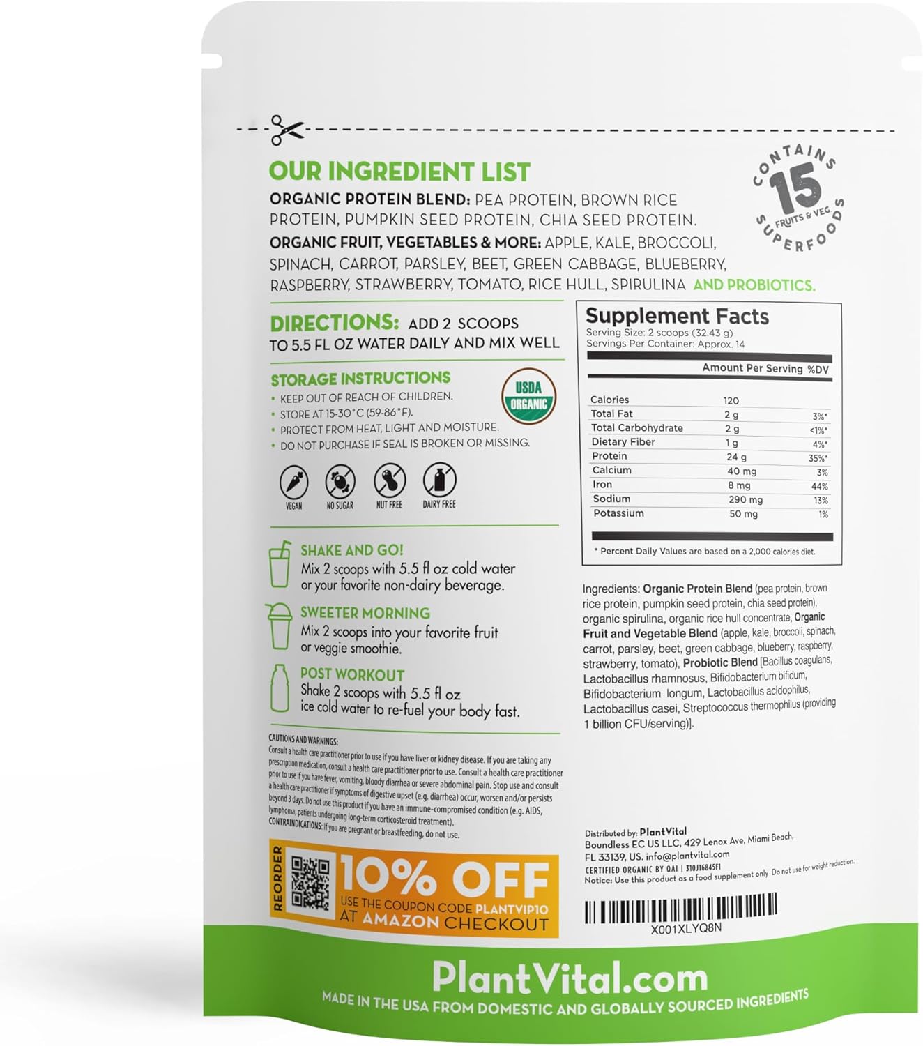 Organic Vegan Protein Powder with 15 Superfoods, Veggies, and Probiotics - Plant-Based Protein Powder with BCAAs - Gluten-Free - 16oz (2 Pack)