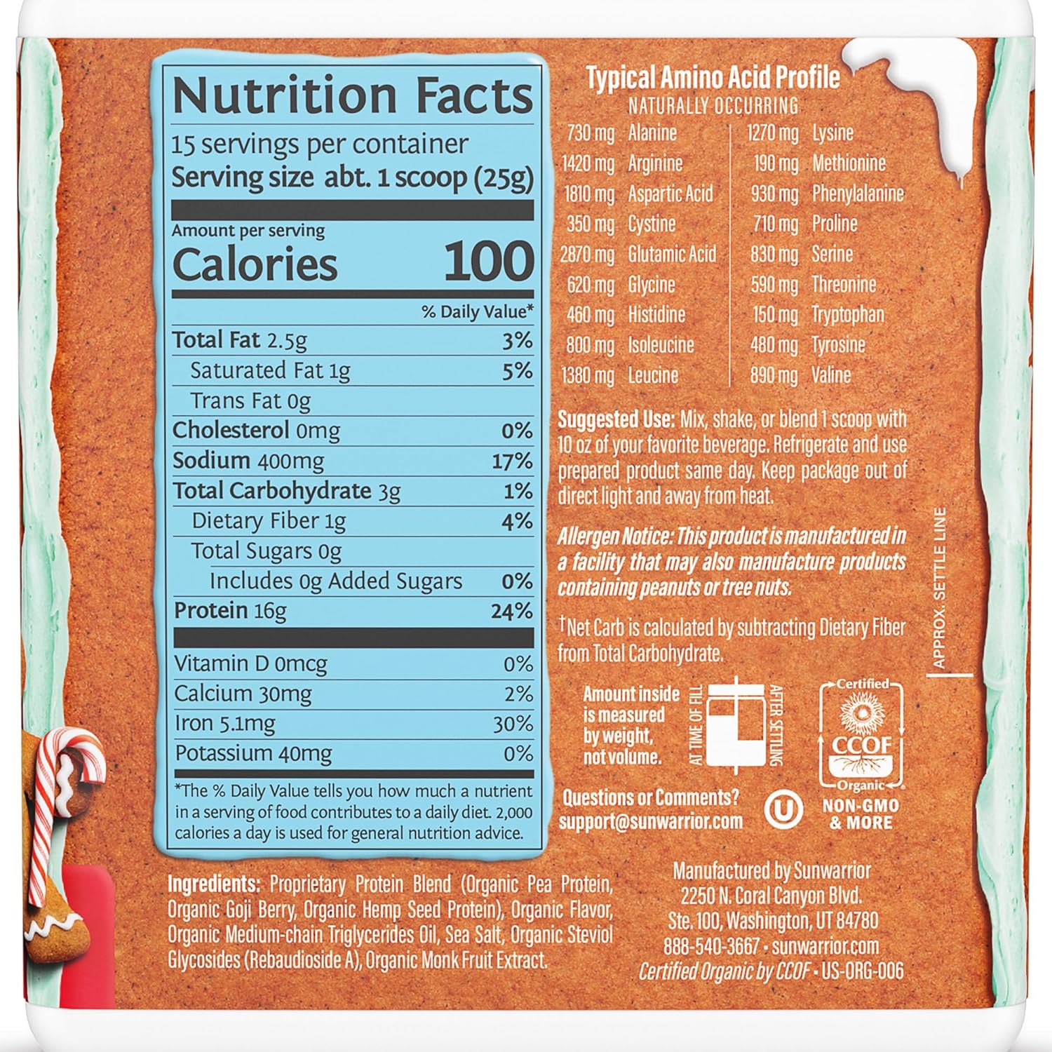 Organic Vegan Protein Powder with BCAA Amino Acids - Gingerbread Flavored, Non-GMO, Plant-Based, Dairy & Gluten-Free - 15 Servings