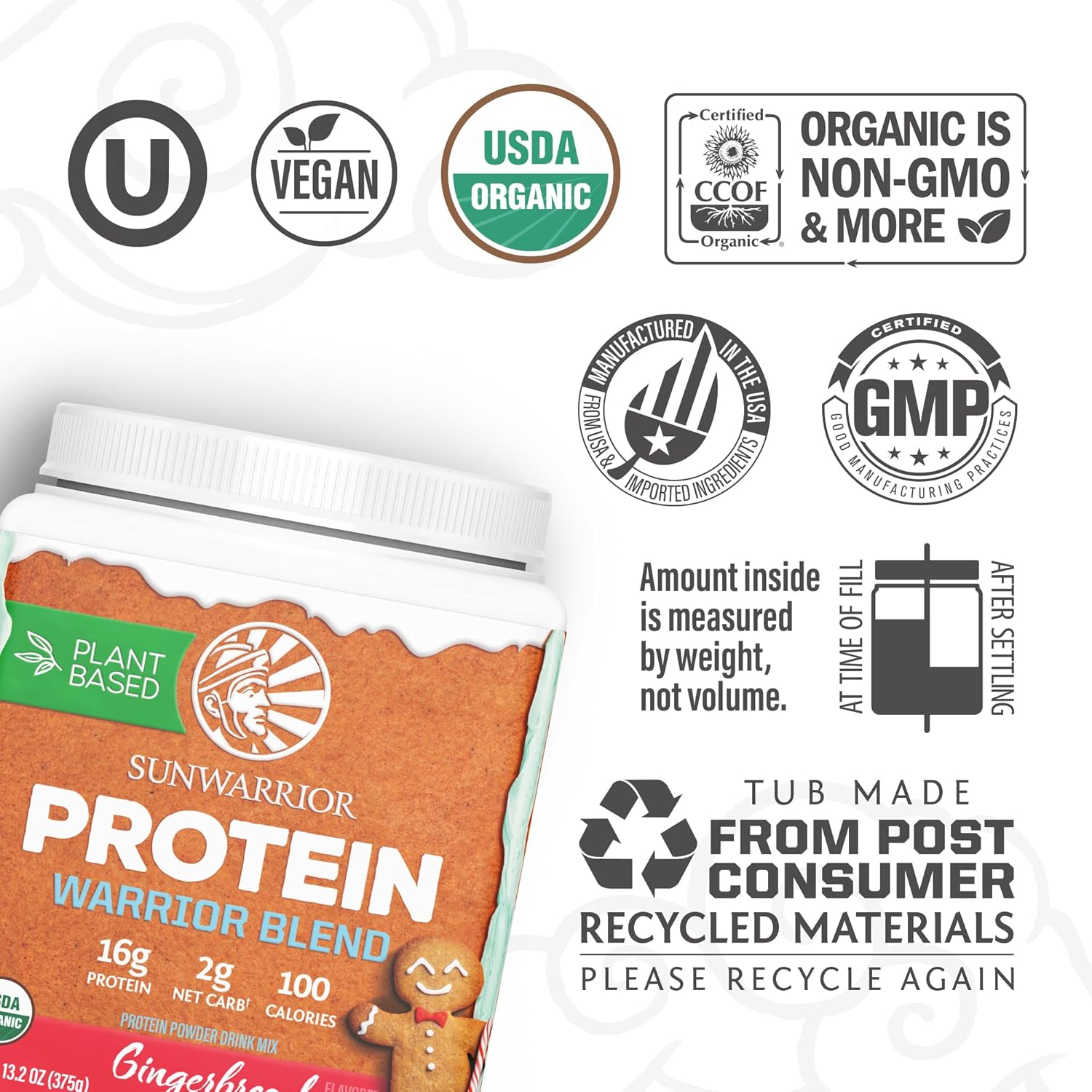 Organic Vegan Protein Powder with BCAA Amino Acids - Gingerbread Flavored, Non-GMO, Plant-Based, Dairy & Gluten-Free - 15 Servings