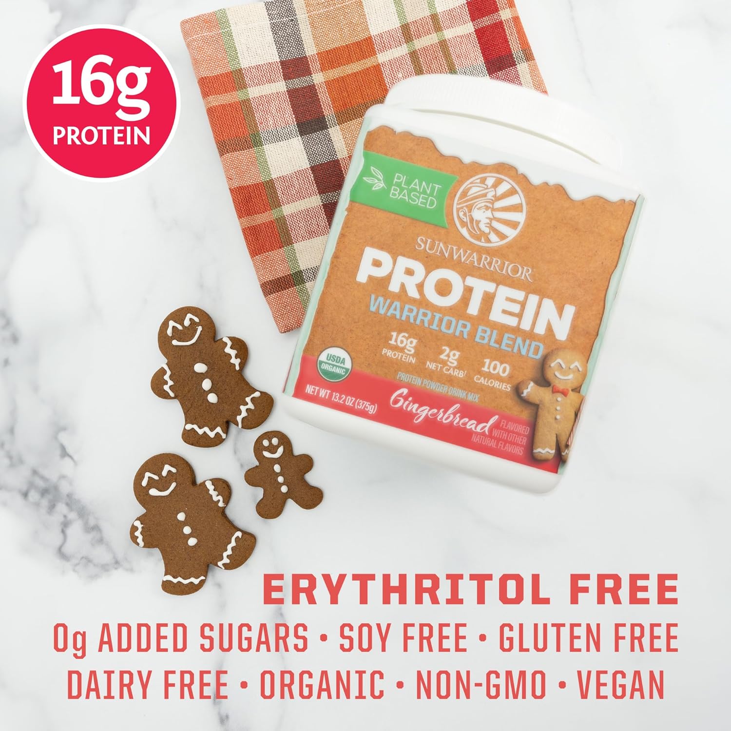 Organic Vegan Protein Powder with BCAA Amino Acids - Gingerbread Flavored, Non-GMO, Plant-Based, Dairy & Gluten-Free - 15 Servings