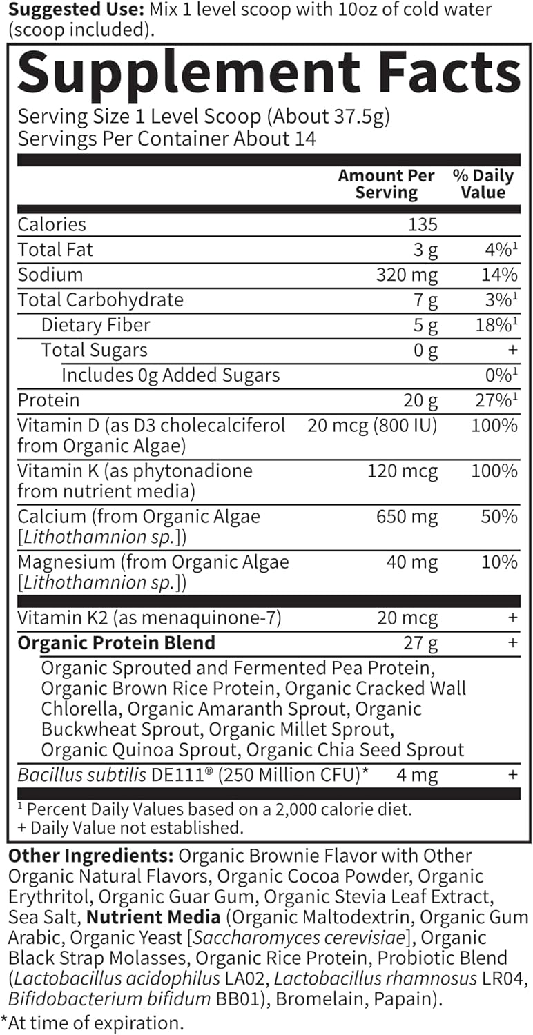 Organic Vegan Protein Powder with Plant-Based Protein, Calcium, D3, K2 MK-7 & Magnesium, Prebiotics & Probiotics, Brownie Bites Flavor - 14 Servings