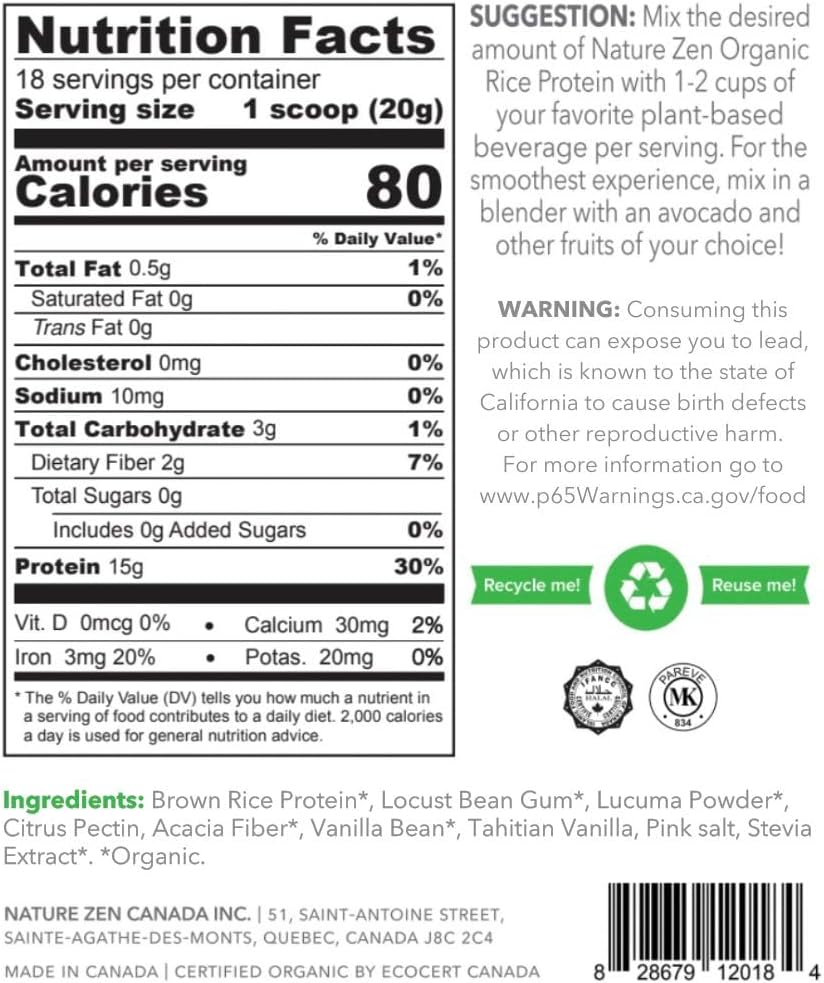 Organic Vegan Protein Powder with Rice Protein, Sugar Free, Dairy Free, Soy Free, Gluten Free, Non GMO, Kosher, High Fiber - Tahitian Vanilla - 0.8LB