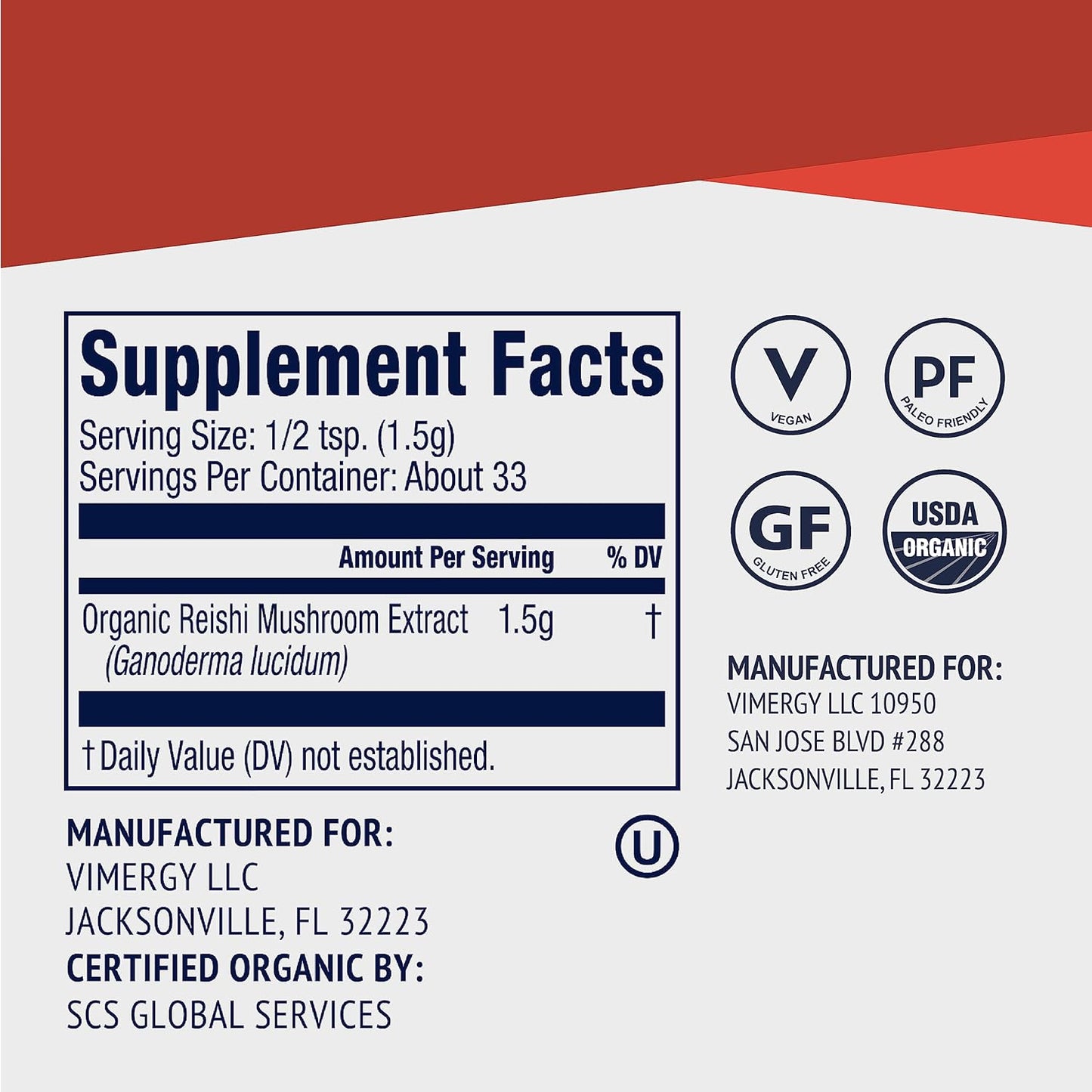 Organic Vegan Reishi Powder for Immune Health Support - USDA Certified, Paleo-Friendly, Gluten-Free - 33 Servings