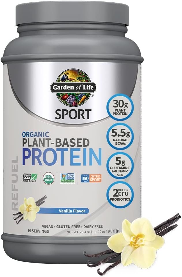 Organic Vegan Sport Protein Powder with Probiotics, BCAAs, 30g Plant Protein, Zinc, and Vitamin C - Vanilla Flavor