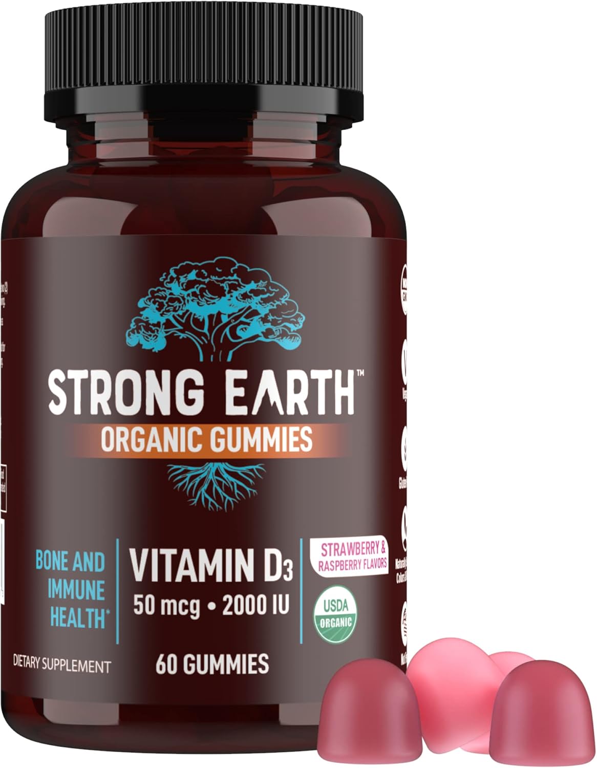 Organic Vegan Vitamin D3 Gummies for Adults - 2000 IU per Serving - Bone & Immune Support - Strawberry/Raspberry - 60 Count