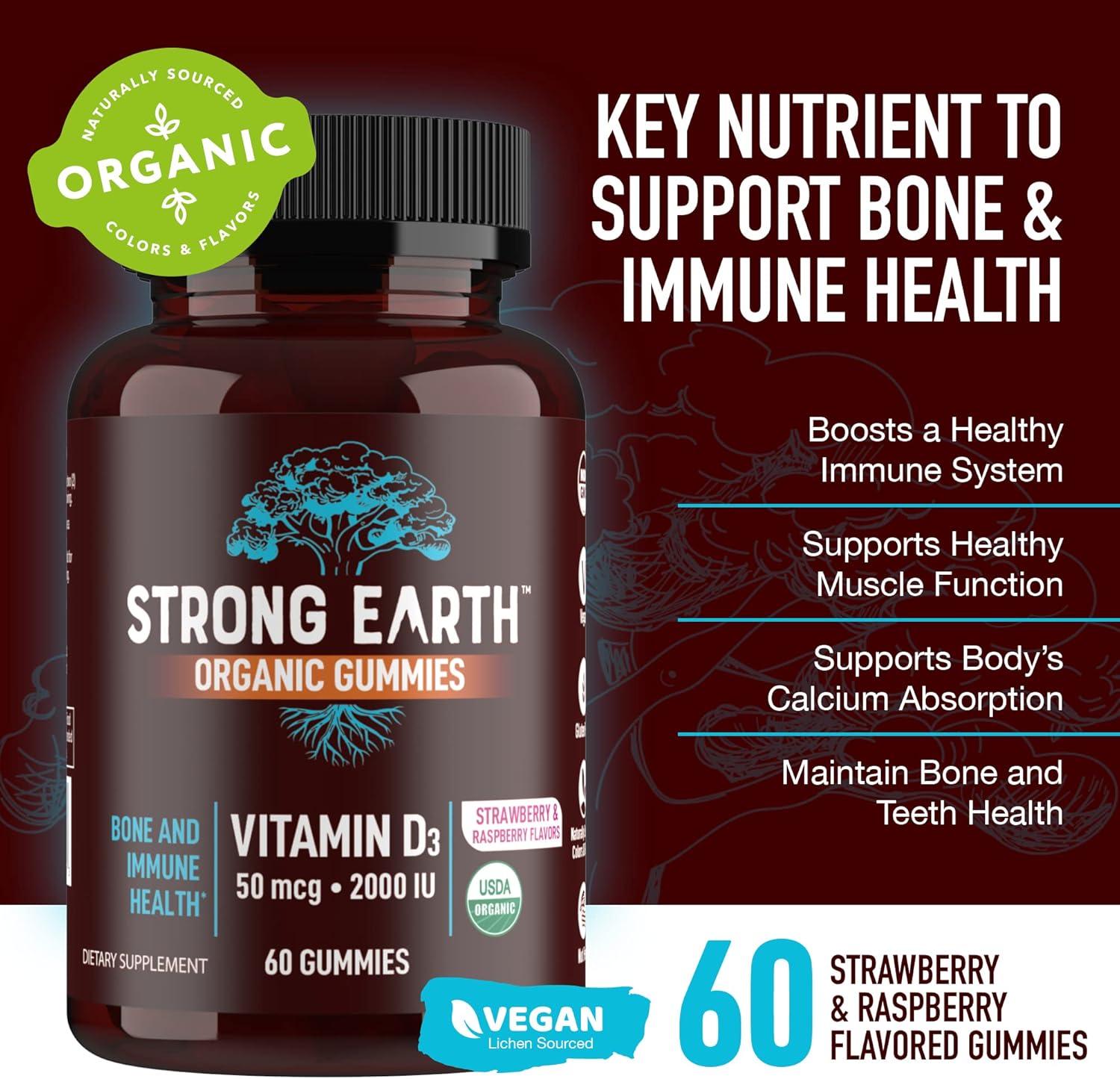 Organic Vegan Vitamin D3 Gummies for Adults - 2000 IU per Serving - Bone & Immune Support - Strawberry/Raspberry - 60 Count