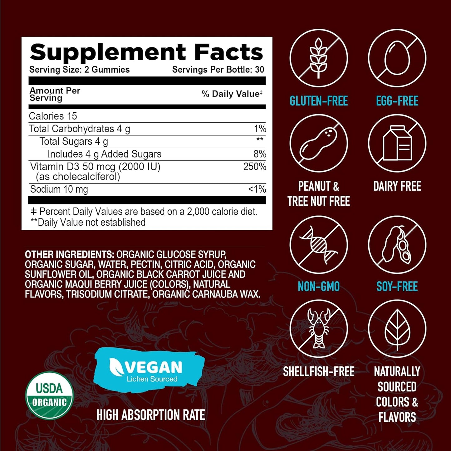 Organic Vegan Vitamin D3 Gummies for Adults - 2000 IU per Serving - Bone & Immune Support - Strawberry/Raspberry - 60 Count