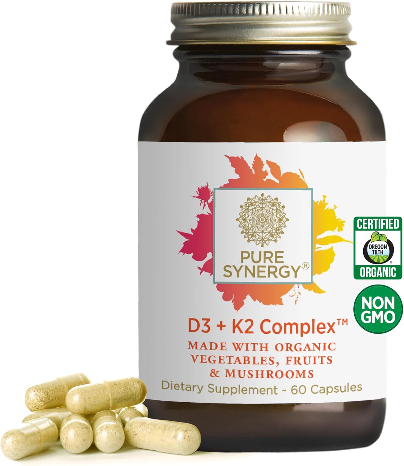 Organic Vegan Vitamin D3 K2 Complex with Whole Foods - Supports Bone, Brain, and Immune Health - 60 Capsules