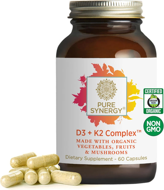 Organic Vegan Vitamin D3 K2 Complex with Whole Foods - Supports Bone, Brain, and Immune Health - 60 Capsules
