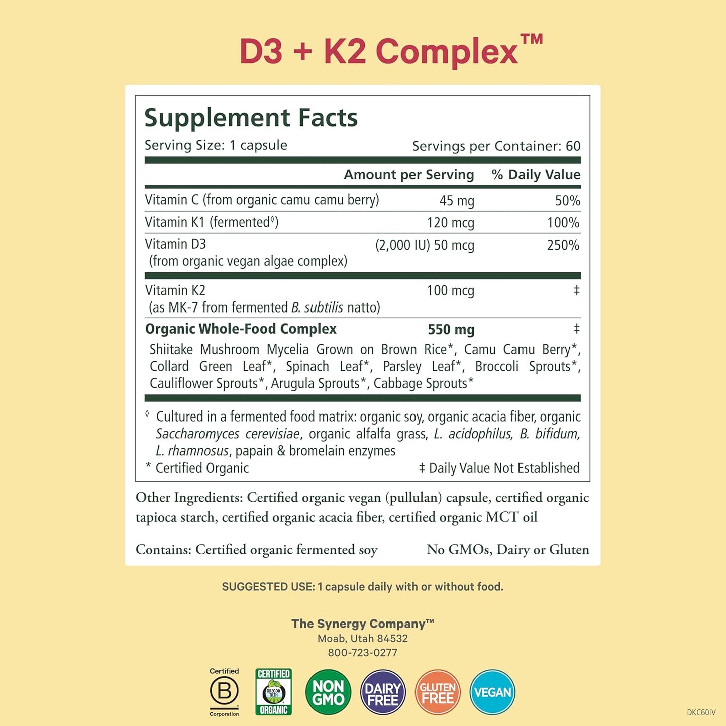 Organic Vegan Vitamin D3 K2 Complex with Whole Foods - Supports Bone, Brain, and Immune Health - 60 Capsules