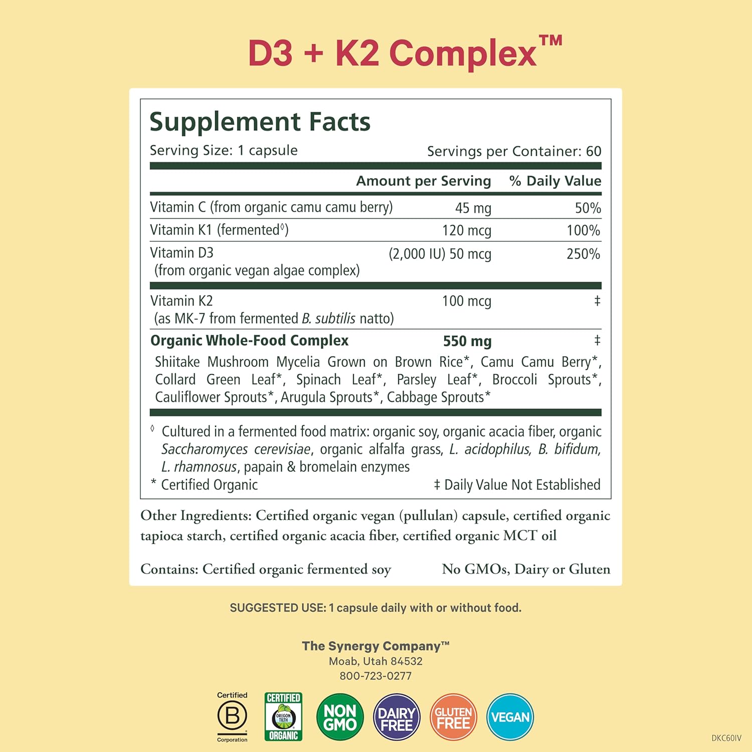 Organic Vegan Vitamin D3 K2 Complex with Whole Foods - Supports Bone, Brain, and Immune Health - 60 Capsules