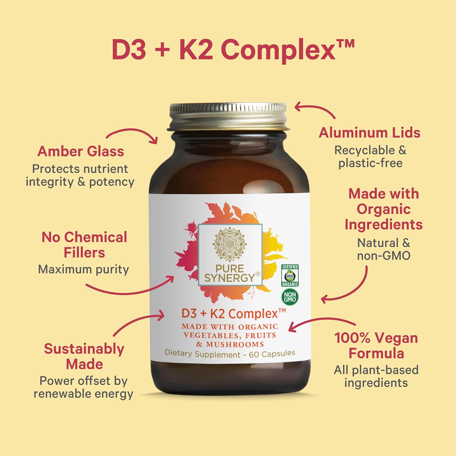 Organic Vegan Vitamin D3 K2 Complex with Whole Foods - Supports Bone, Brain, and Immune Health - 60 Capsules