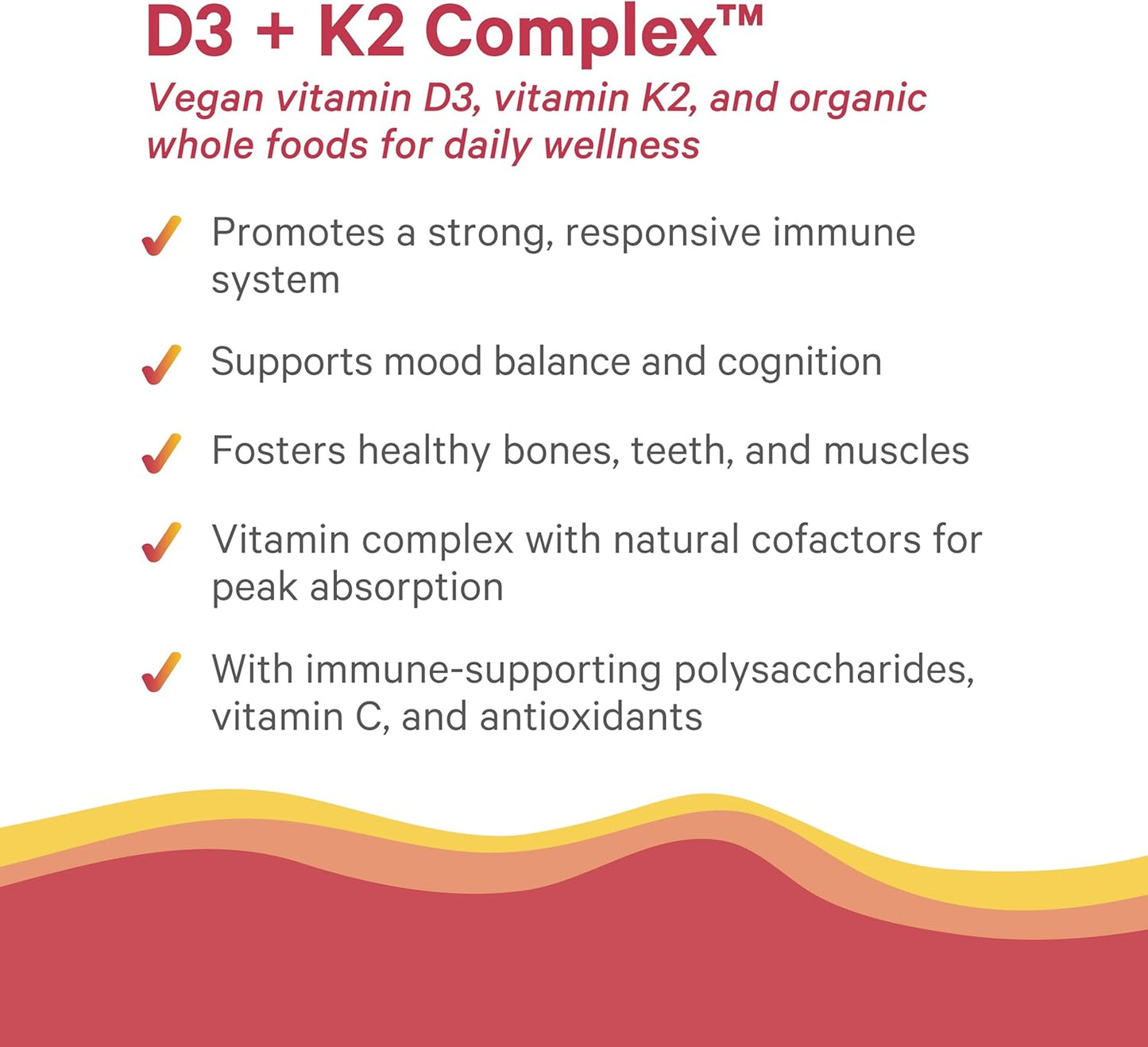 Organic Vegan Vitamin D3 K2 Complex with Whole Foods - Supports Bone, Brain, and Immune Health - 60 Capsules