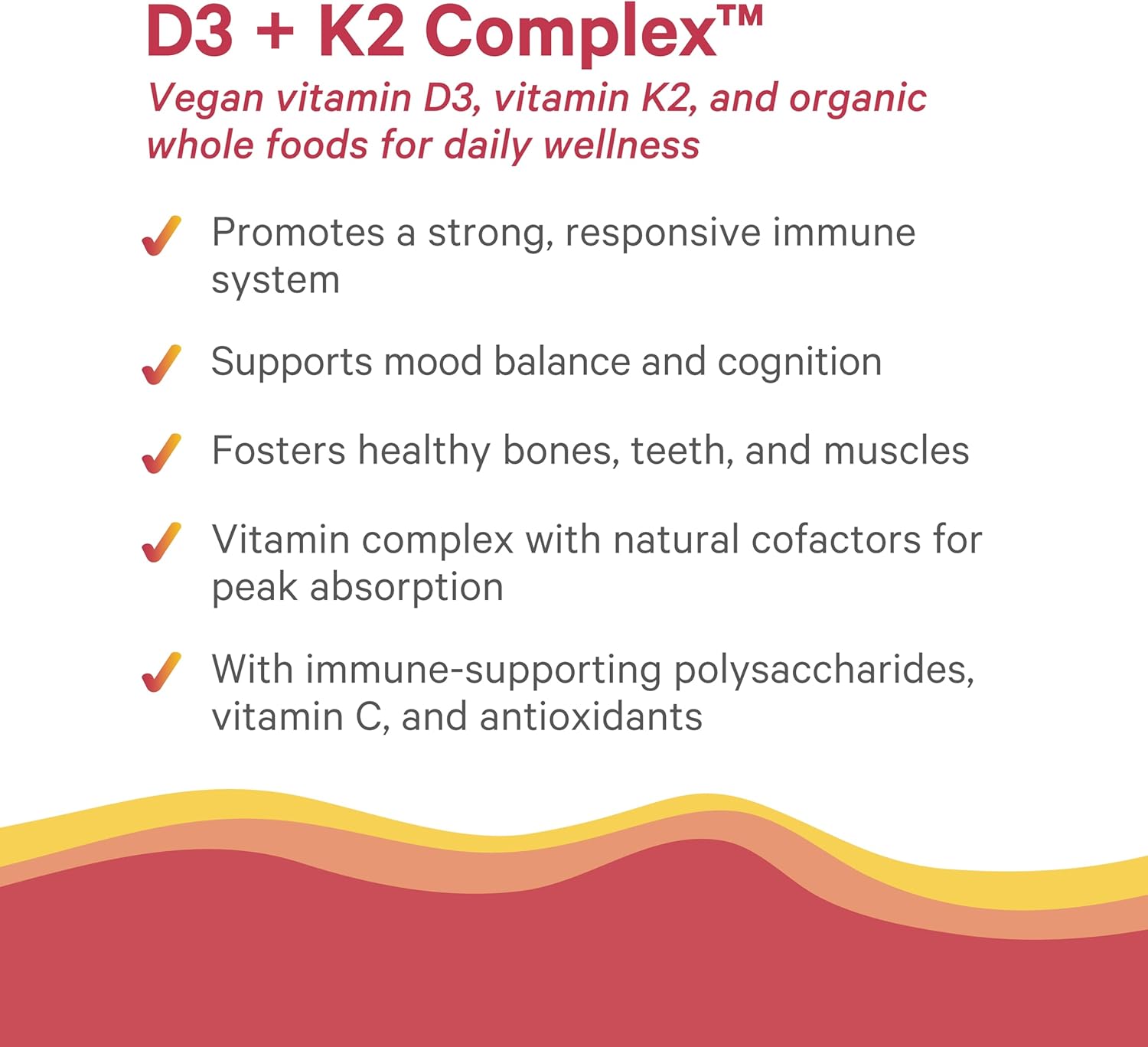 Organic Vegan Vitamin D3 K2 Complex with Whole Foods - Supports Bone, Brain, and Immune Health - 60 Capsules