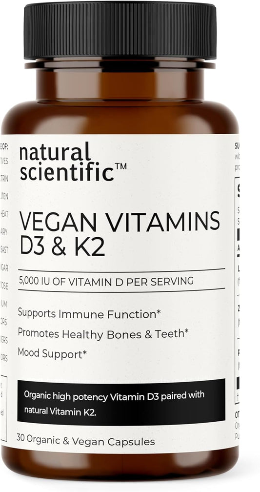 Organic Vegan Vitamin D3 & K2 Supplement - 5000 IU for Bone, Muscle, Immune Health - Gluten-Free, Non-GMO - 30 Capsules - Premium Dietary Supplement