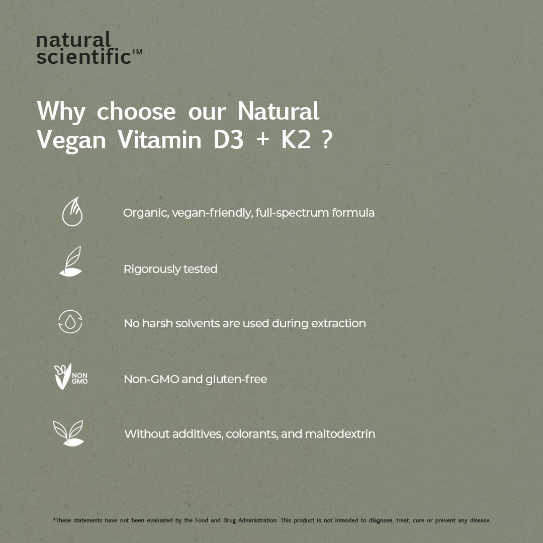 Organic Vegan Vitamin D3 & K2 Supplement - 5000 IU for Bone, Muscle, Immune Health - Gluten-Free, Non-GMO - 30 Capsules - Premium Dietary Supplement