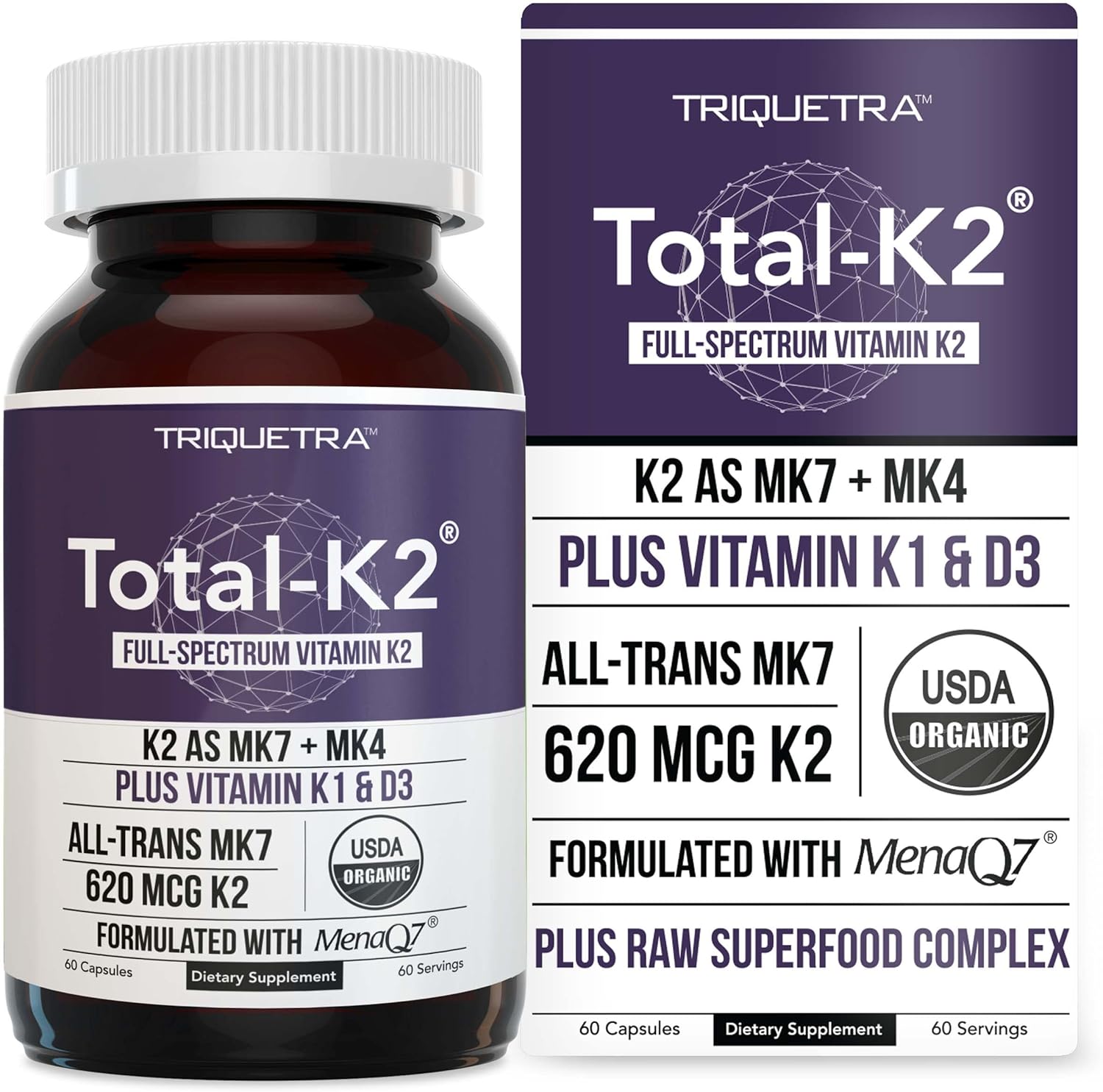 Organic Vegan Vitamin K2 Supplement with MK7 & MK4 - 620 mcg per Serving - Includes Vitamin K1 & D3 - MenaQ7 All-Trans MK7 - Full-Spectrum Formula - 60 Capsules