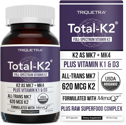 Organic Vegan Vitamin K2 Supplement with MK7 & MK4 - 620 mcg per Serving - Includes Vitamin K1 & D3 - MenaQ7 All-Trans MK7 - Full-Spectrum Formula - 60 Capsules