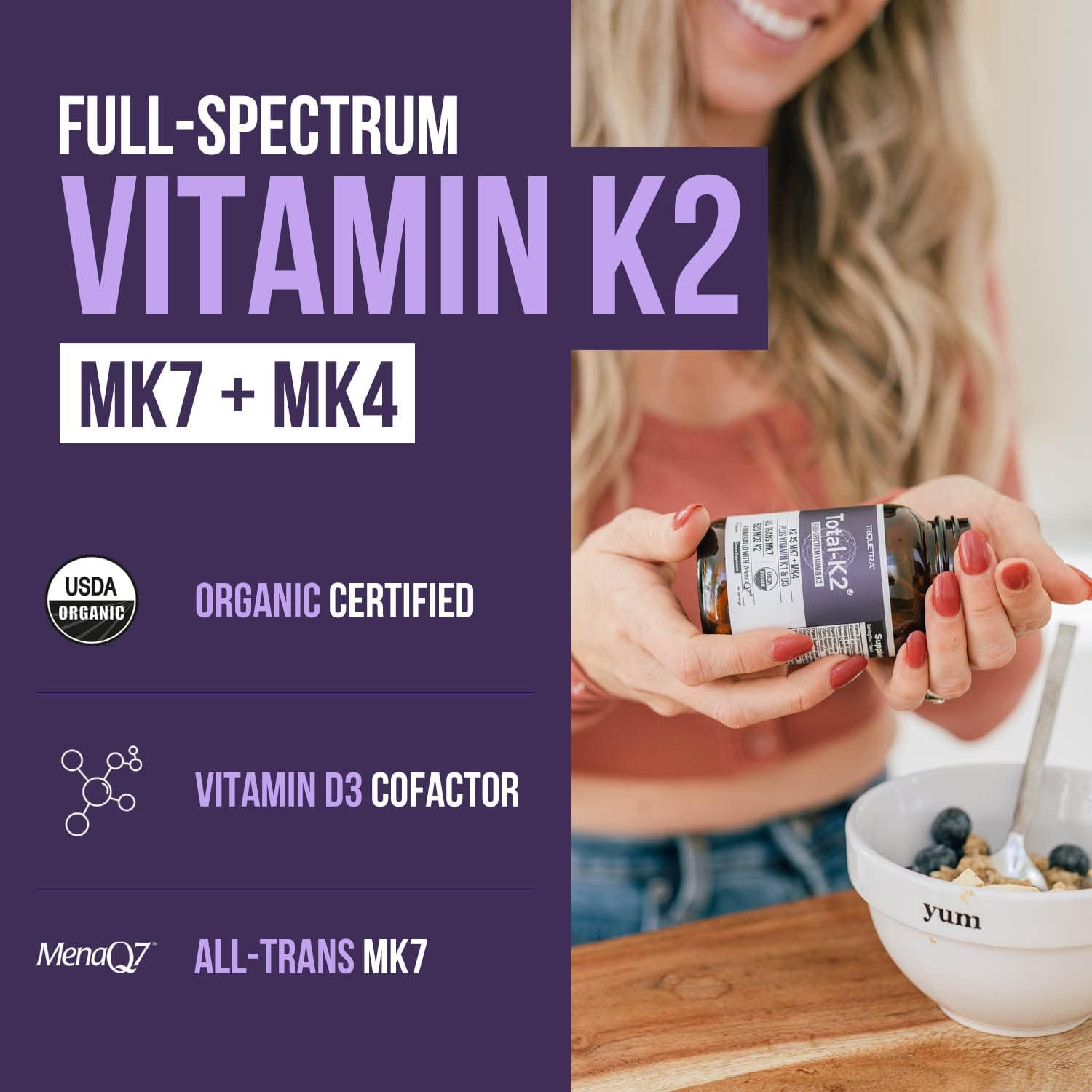 Organic Vegan Vitamin K2 Supplement with MK7 & MK4 - 620 mcg per Serving - Includes Vitamin K1 & D3 - MenaQ7 All-Trans MK7 - Full-Spectrum Formula - 60 Capsules