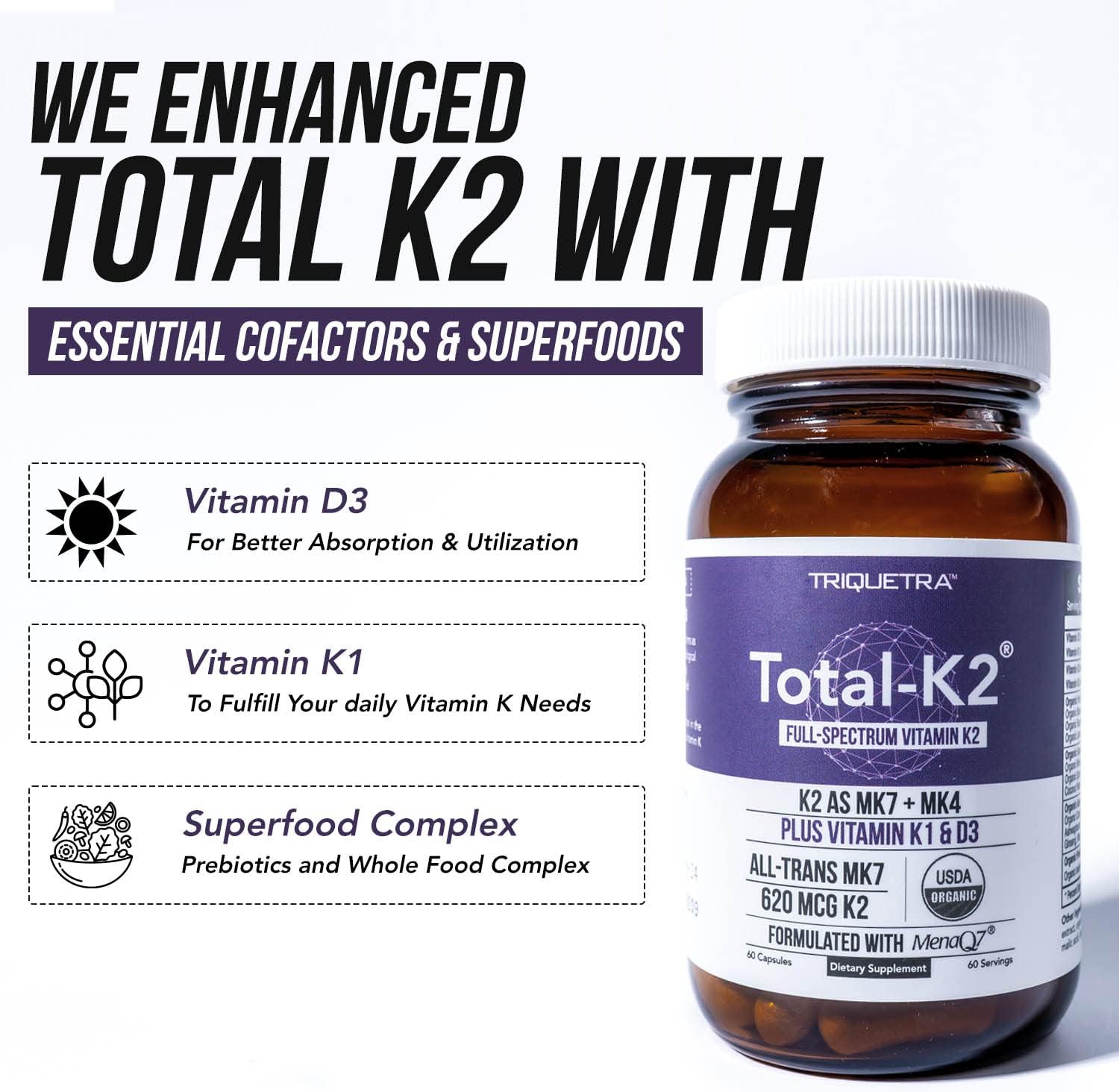 Organic Vegan Vitamin K2 Supplement with MK7 & MK4 - 620 mcg per Serving - Includes Vitamin K1 & D3 - MenaQ7 All-Trans MK7 - Full-Spectrum Formula - 60 Capsules