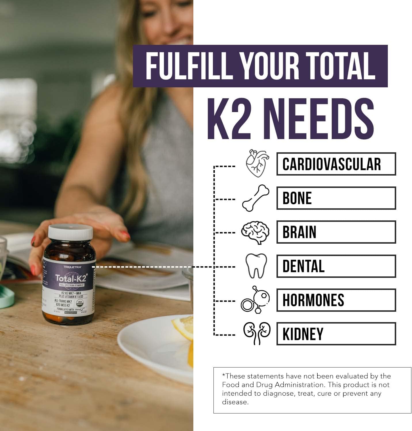 Organic Vegan Vitamin K2 Supplement with MK7 & MK4 - 620 mcg per Serving - Includes Vitamin K1 & D3 - MenaQ7 All-Trans MK7 - Full-Spectrum Formula - 60 Capsules