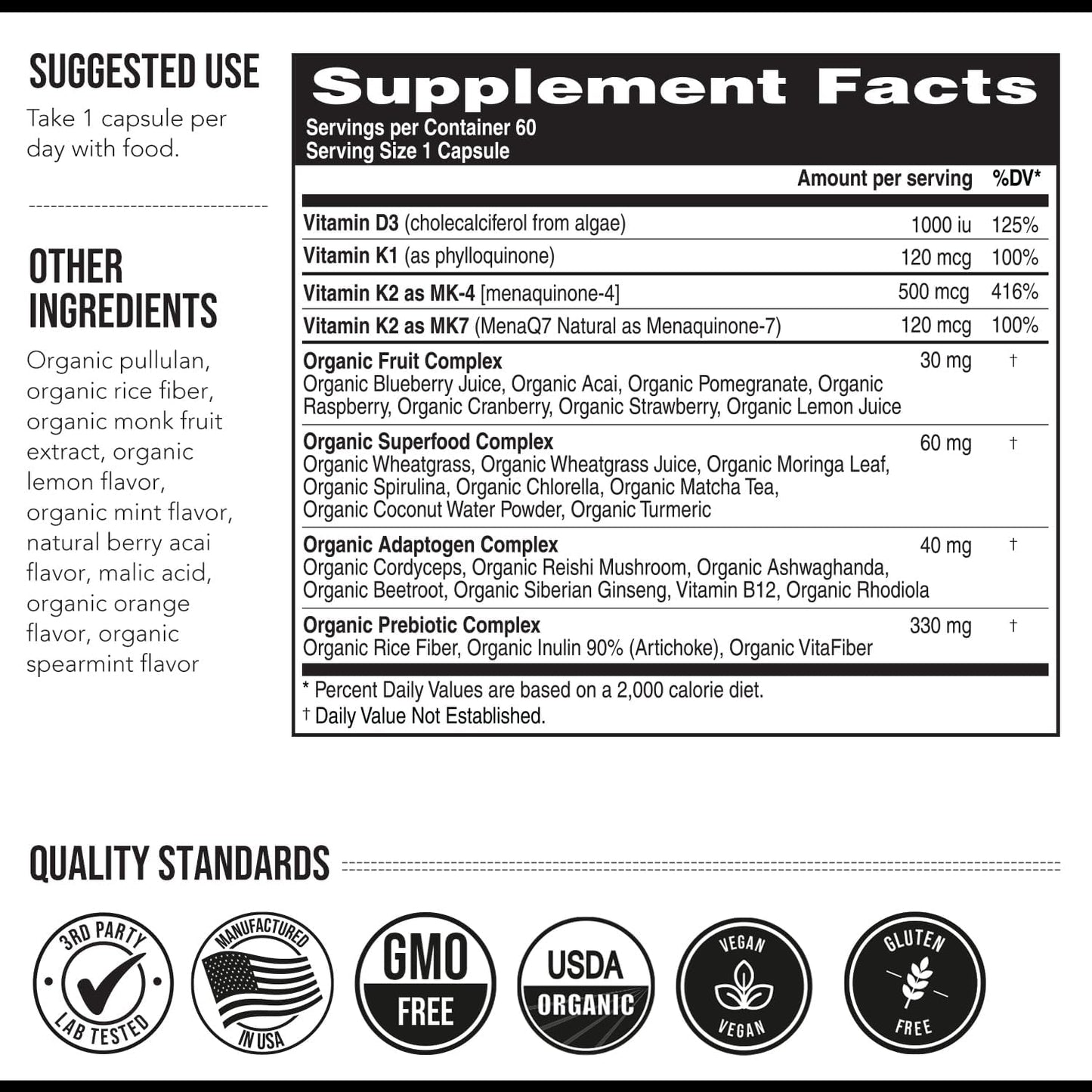 Organic Vegan Vitamin K2 Supplement with MK7 & MK4 - 620 mcg per Serving - Includes Vitamin K1 & D3 - MenaQ7 All-Trans MK7 - Full-Spectrum Formula - 60 Capsules