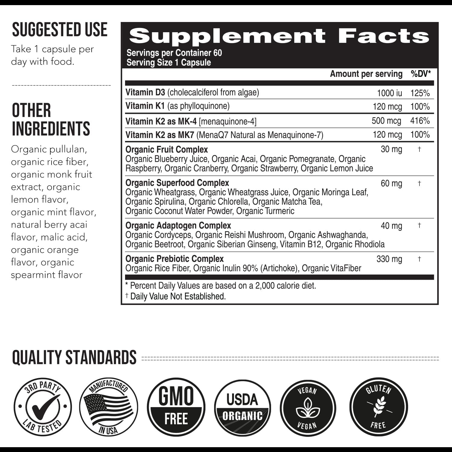 Organic Vegan Vitamin K2 Supplement with MK7 & MK4 - 620 mcg per Serving - Includes Vitamin K1 & D3 - MenaQ7 All-Trans MK7 - Full-Spectrum Formula - 60 Capsules