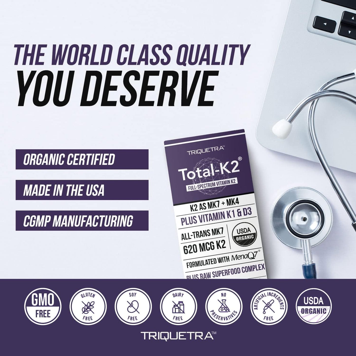 Organic Vegan Vitamin K2 Supplement with MK7 & MK4 - 620 mcg per Serving - Includes Vitamin K1 & D3 - MenaQ7 All-Trans MK7 - Full-Spectrum Formula - 60 Capsules