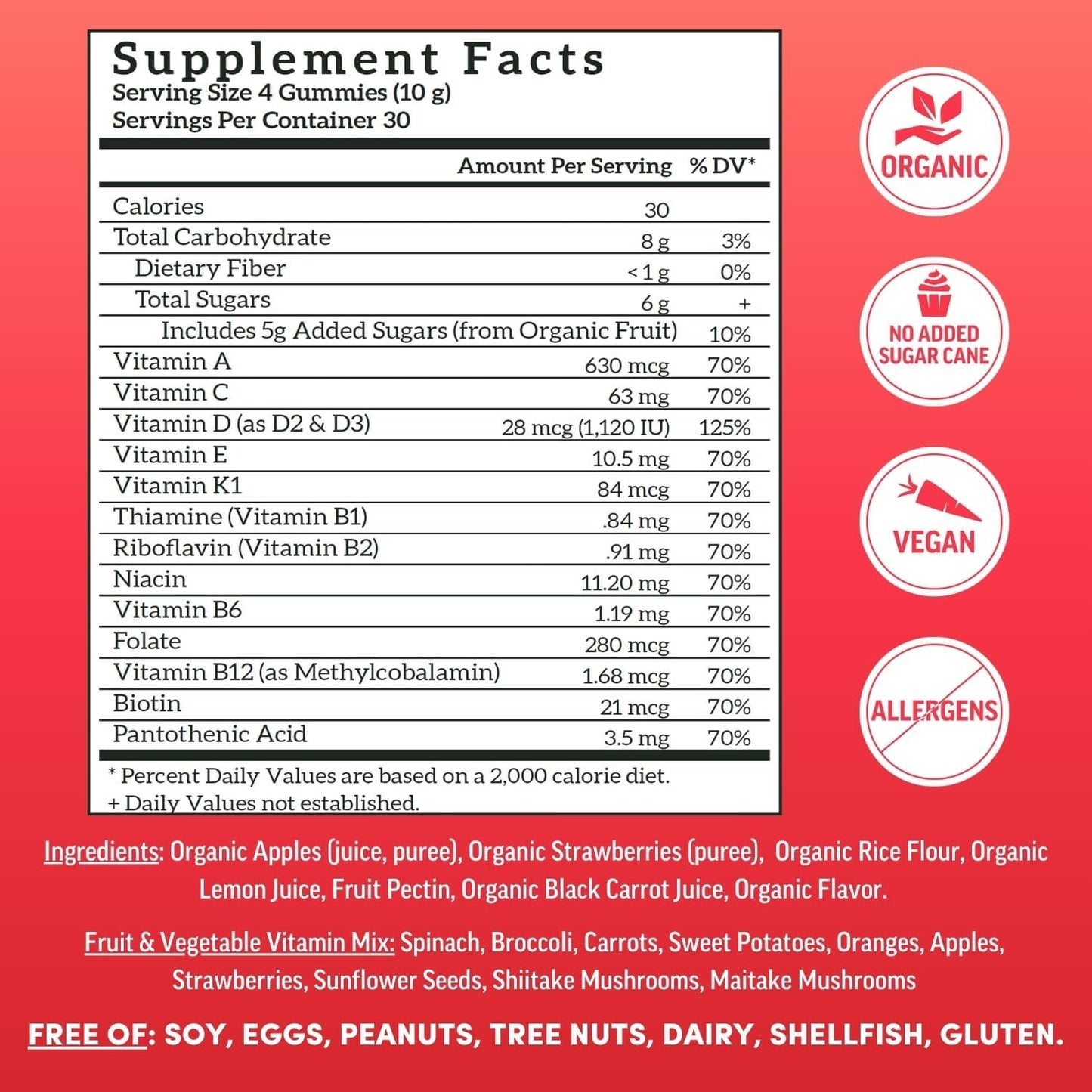 Organic Vegan Whole Food Multivitamin Gummies for Adults - Llama Naturals Strawberry Chewables (120 Count)