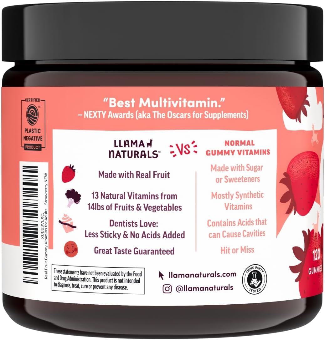 Organic Vegan Whole Food Multivitamin Gummies for Adults - Llama Naturals Strawberry Chewables (120 Count)