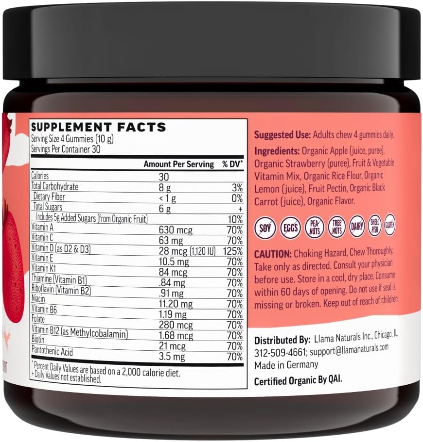 Organic Vegan Whole Food Multivitamin Gummies for Adults - Llama Naturals Strawberry Chewables (120 Count)