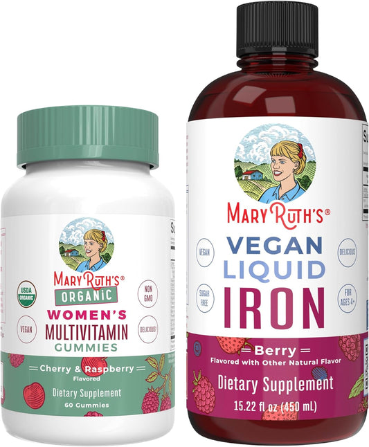 Organic Vegan Women's Multivitamin Gummies & Iron Liquid Supplement - Cherry, Raspberry, Berry - Clean Label Project Verified - Beauty, Immunity Support